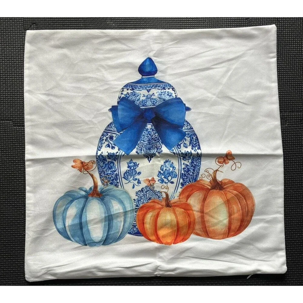 Fall Pillow Covers 18x18 Set of 2 Blue and White Porcelain Pumpkins Orange